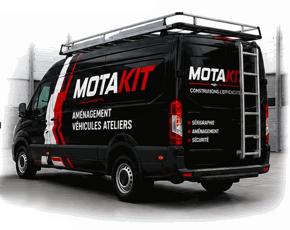 Utilitaire MotaKit équipé d'une galerie de toit et d'un porte-échelle